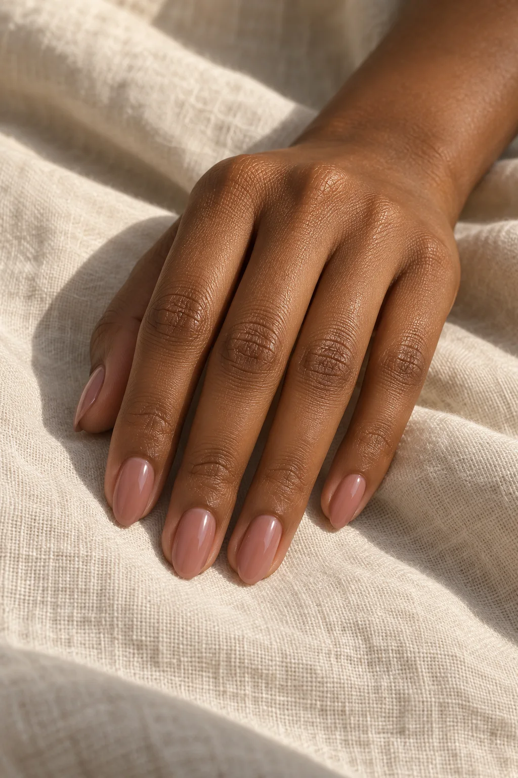 a relaxed hand with short, softly tapered rosy nude nails resting on ivory linen.