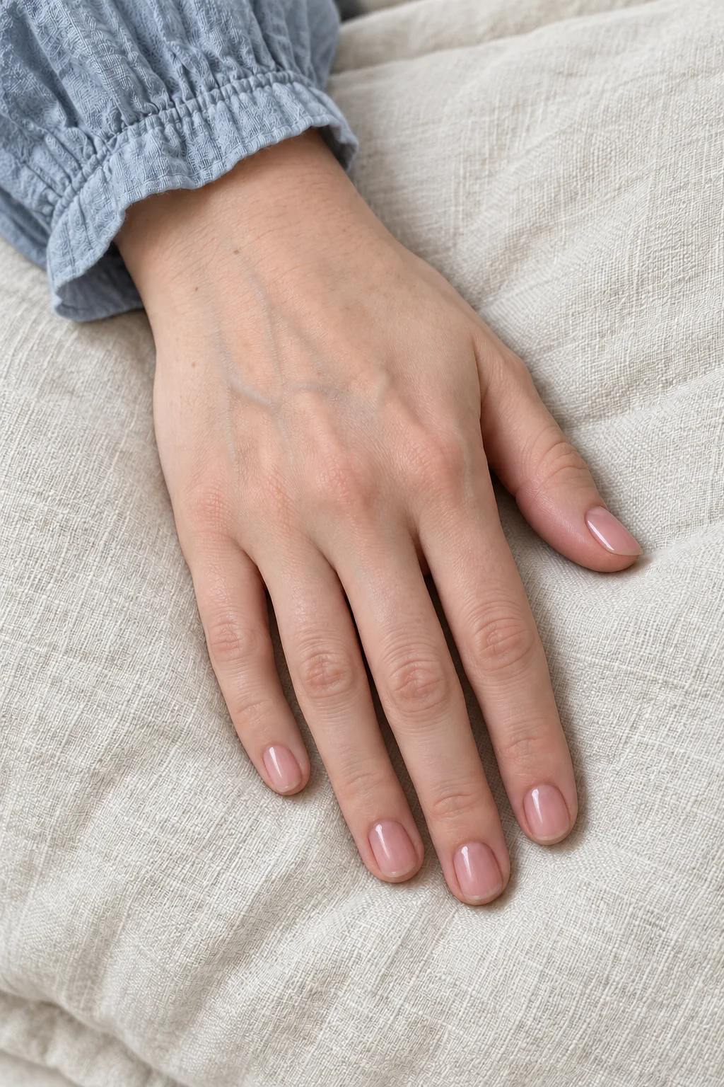 Short rosy nude oval nails on a relaxed hand with natural veins resting on ivory linen beside a dusty-blue cuff.