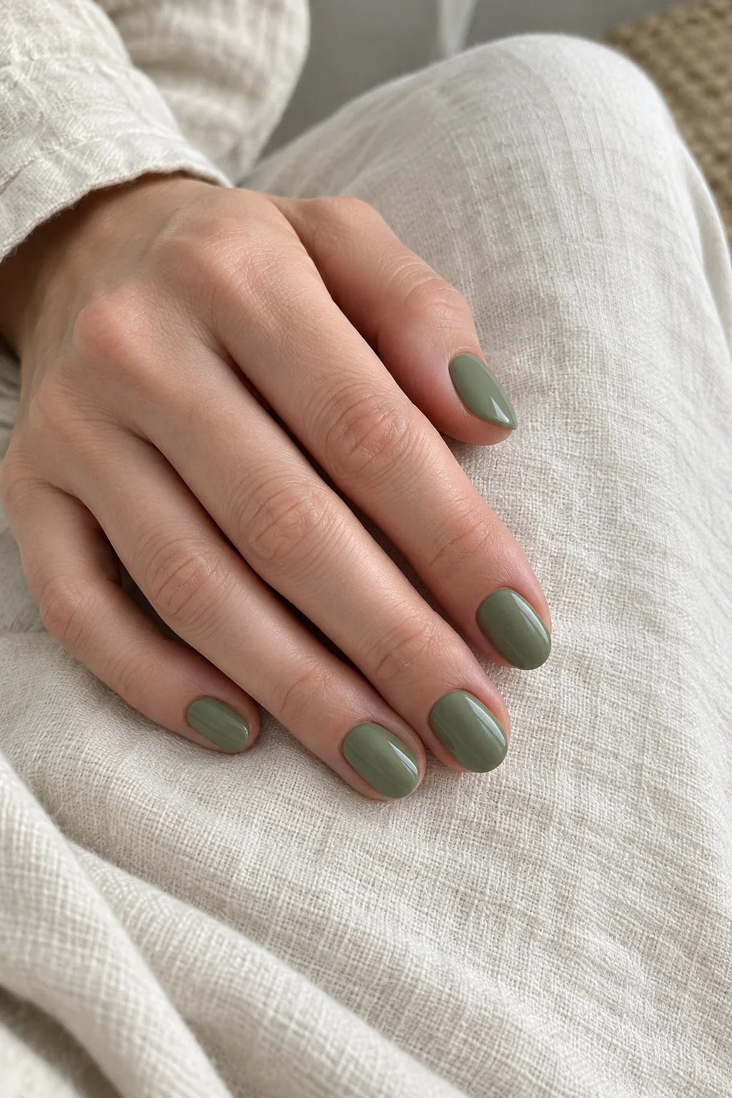 a relaxed fair-skinned hand with muted sage-green nails resting on ivory linen.