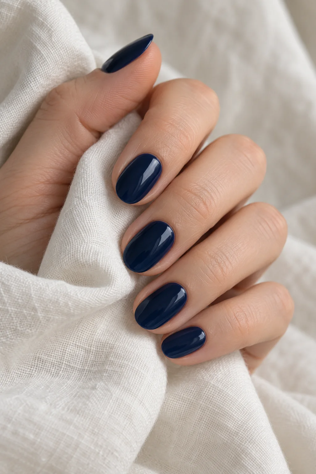 a fair-skinned hand lightly holding white fabric, with glossy deep navy nails.