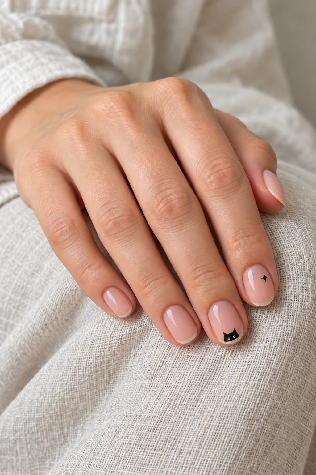 Short rosy nude nails with a tiny black cat-face accent and a separate black sparkle on a relaxed hand over ivory linen.
