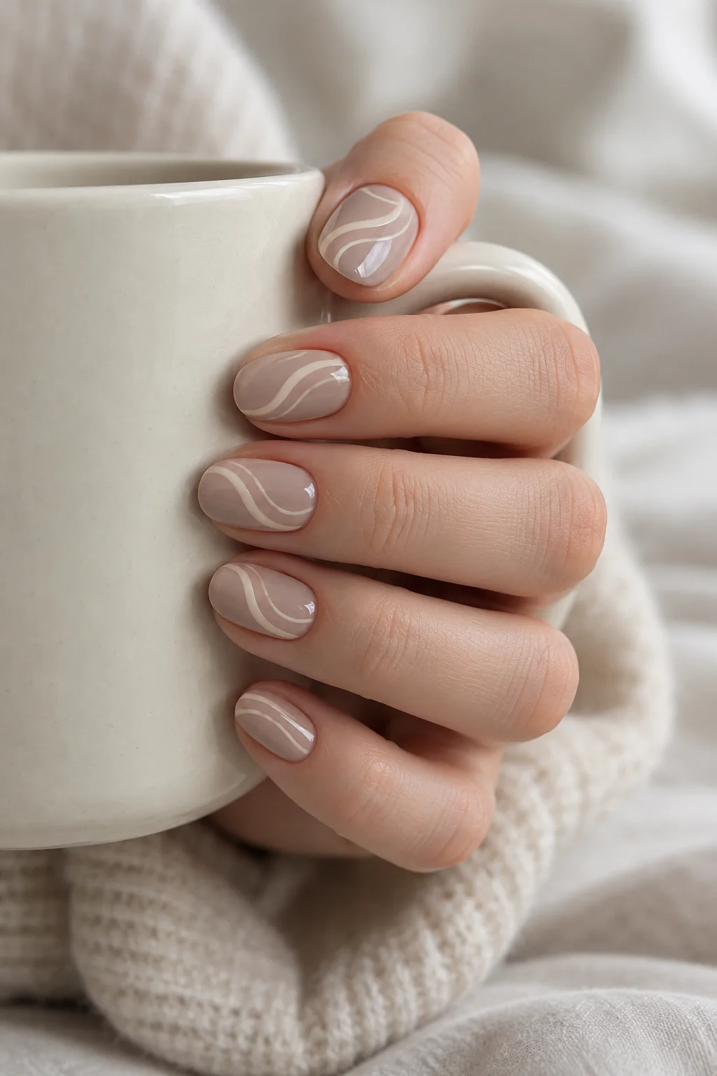 a hand holding an ivory mug with thin cream swirls over taupe-neutral nails.