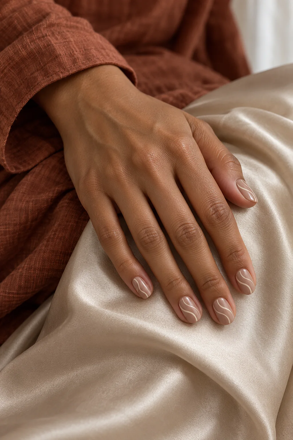 Short taupe-neutral nails with fine cream swirls on a hand resting on champagne satin below a rust sleeve.