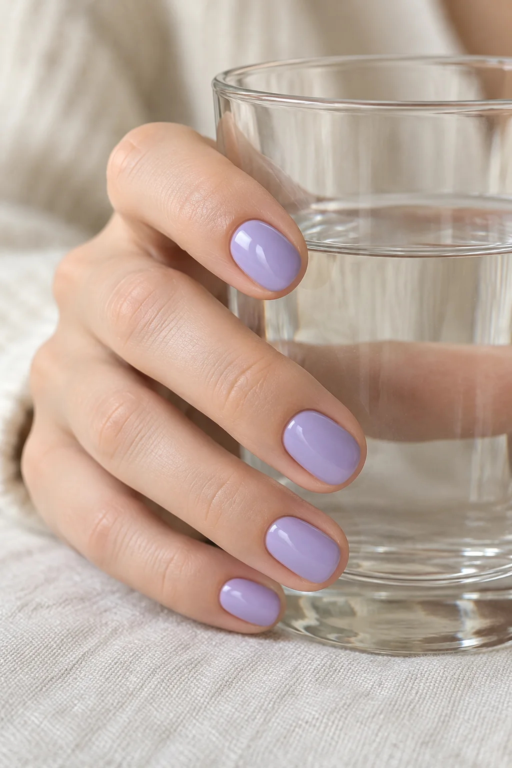 a hand holding a clear glass with short pastel lavender nails.