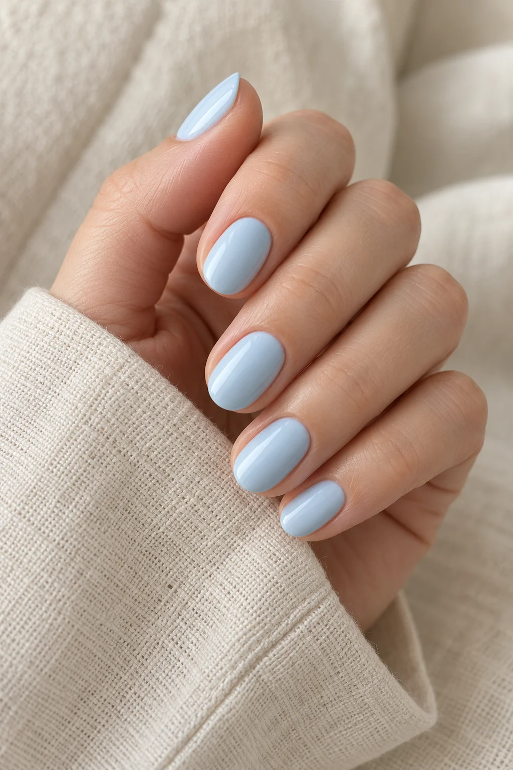 a relaxed hand with powder-blue nails lightly touching an ivory linen sleeve.