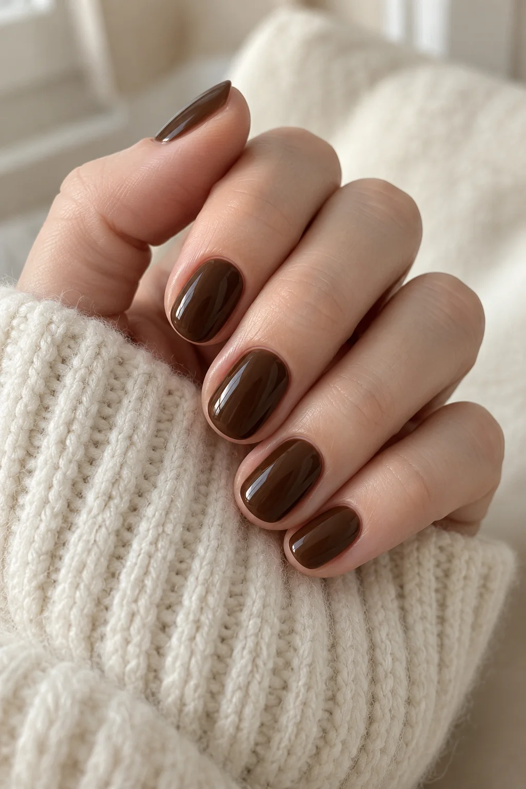 a loosely curled hand with deep warm chocolate-brown nails over an ivory knit cuff.