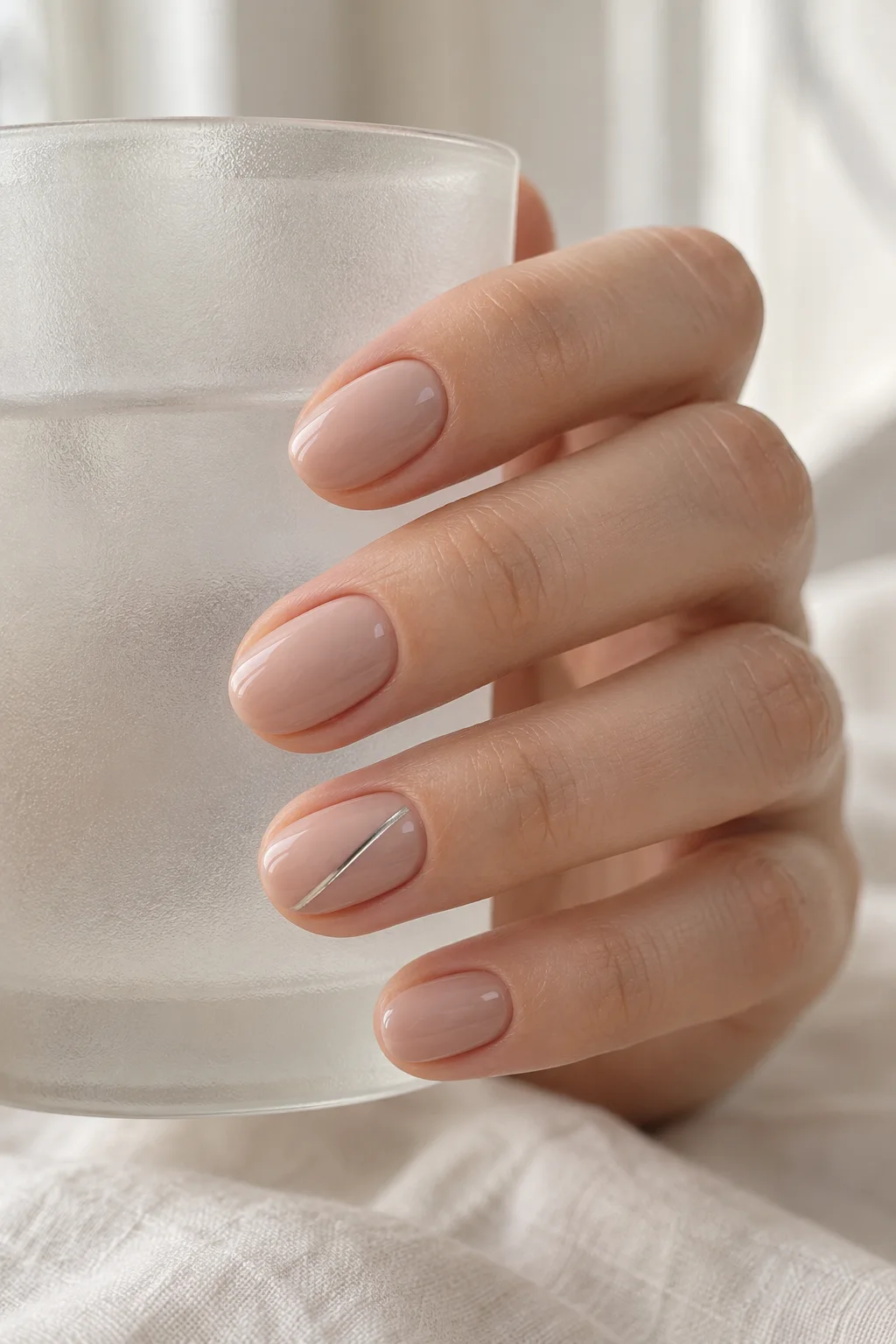 a hand holding frosted glass with rosy-beige nails and one fine diagonal silver line on an accent nail.