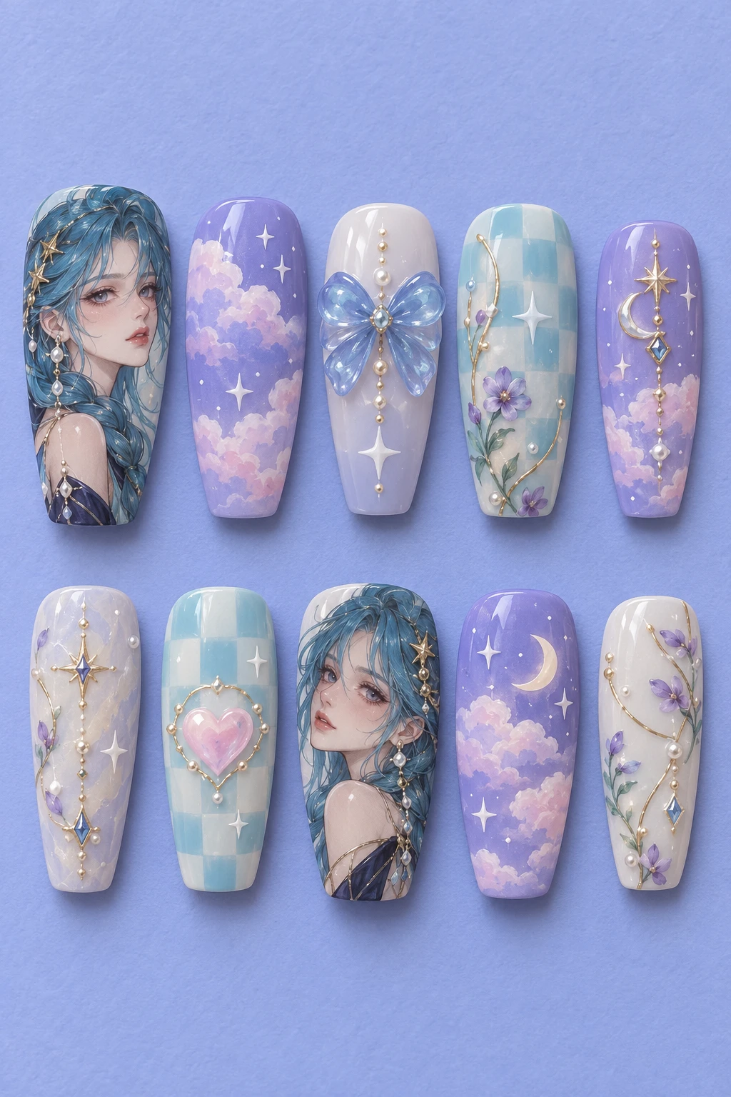 Ten detached medium coffin press-on nail tips: anime-inspired cloud heroine.