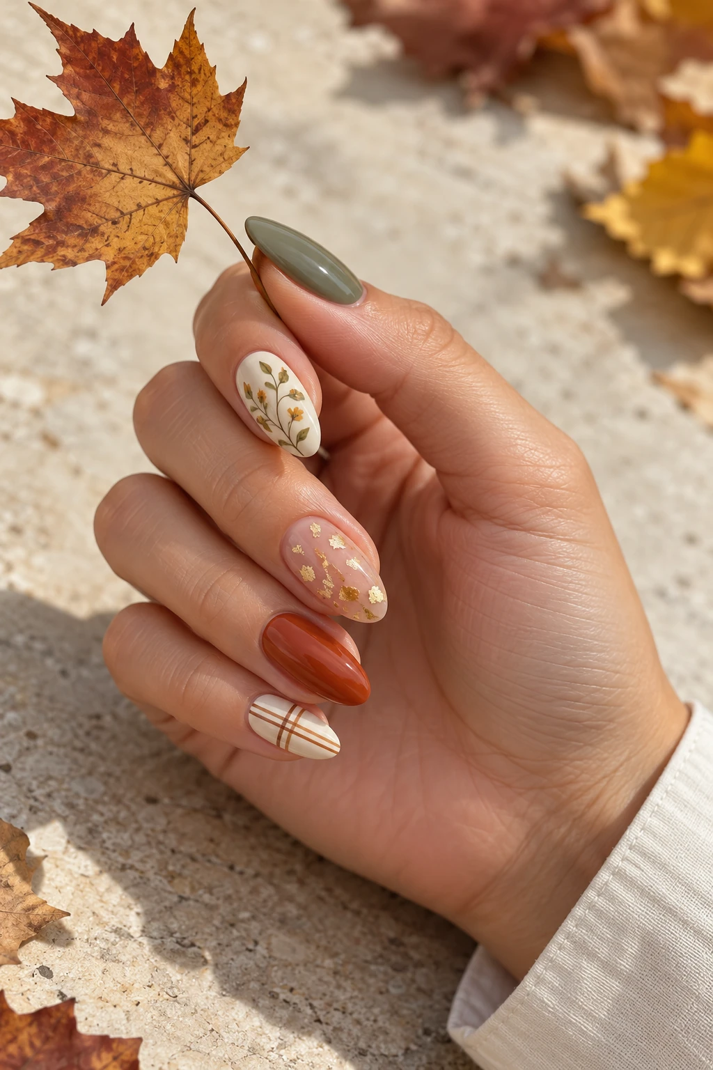 A hand holding a leaf stem with olive, cream botanical, gold-flecked nude, terracotta and plaid almond nails.