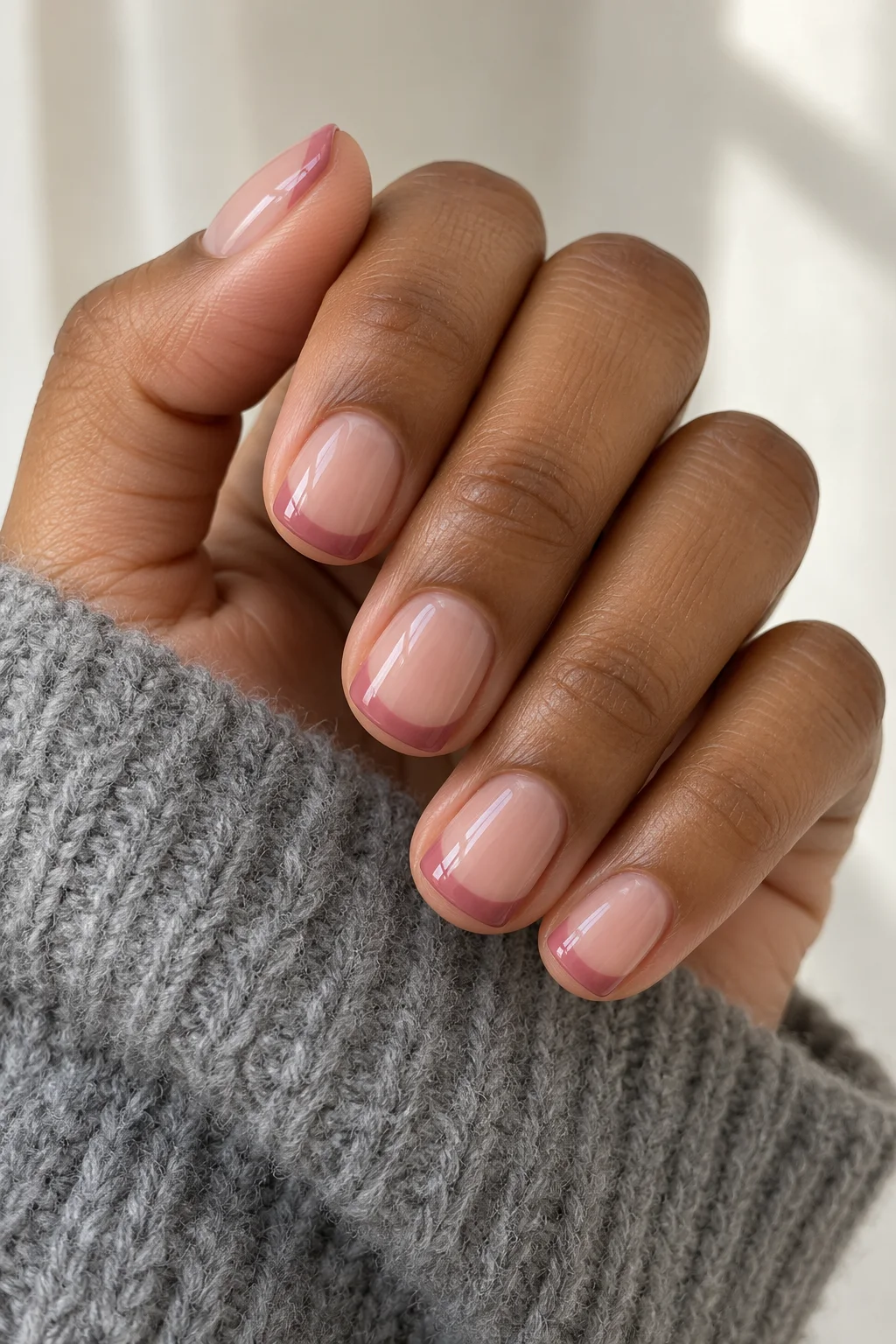 A softly curled hand with dusty-rose French tips against a grey knit cuff.