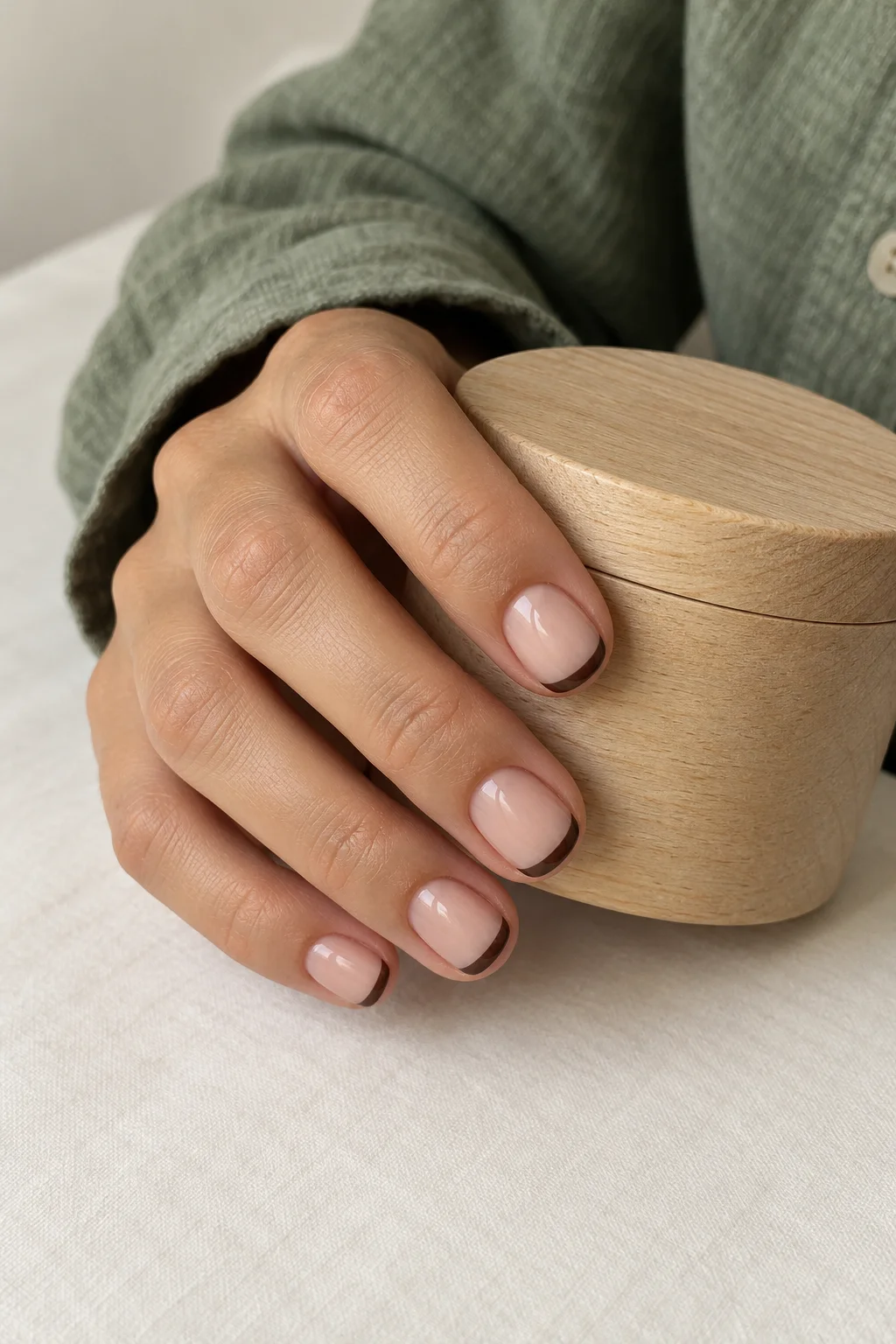Short nails with espresso-brown tips holding a round wooden box beside a sage cuff.