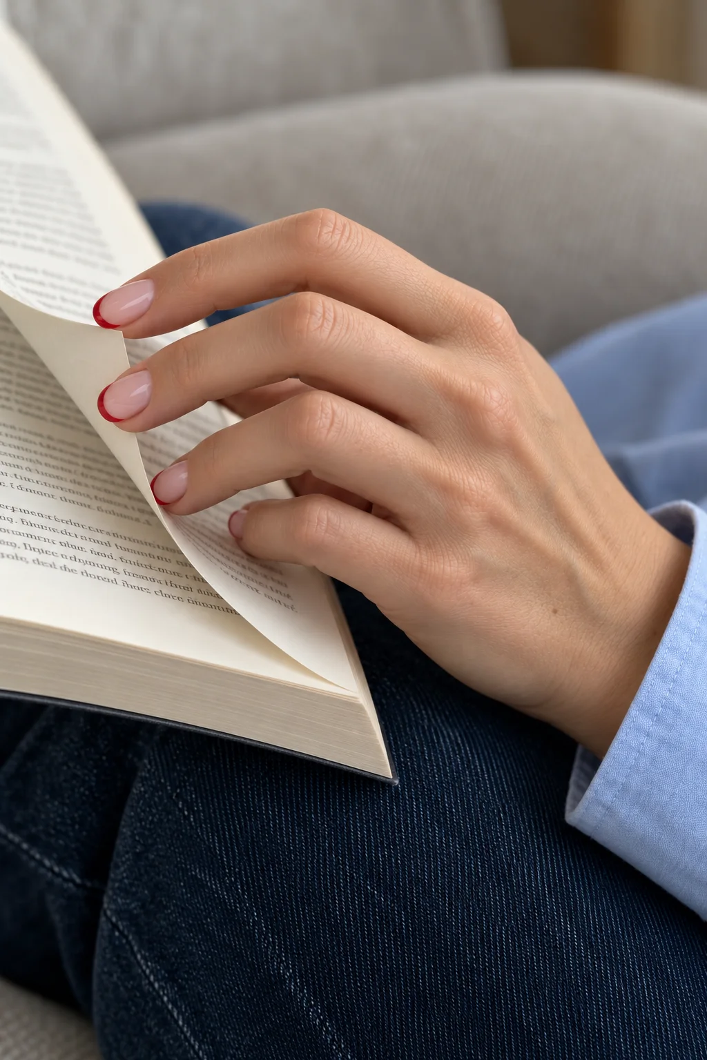 Short cherry-red French-tip nails on a hand gently turning a book page, with a blue cotton cuff and dark denim.
