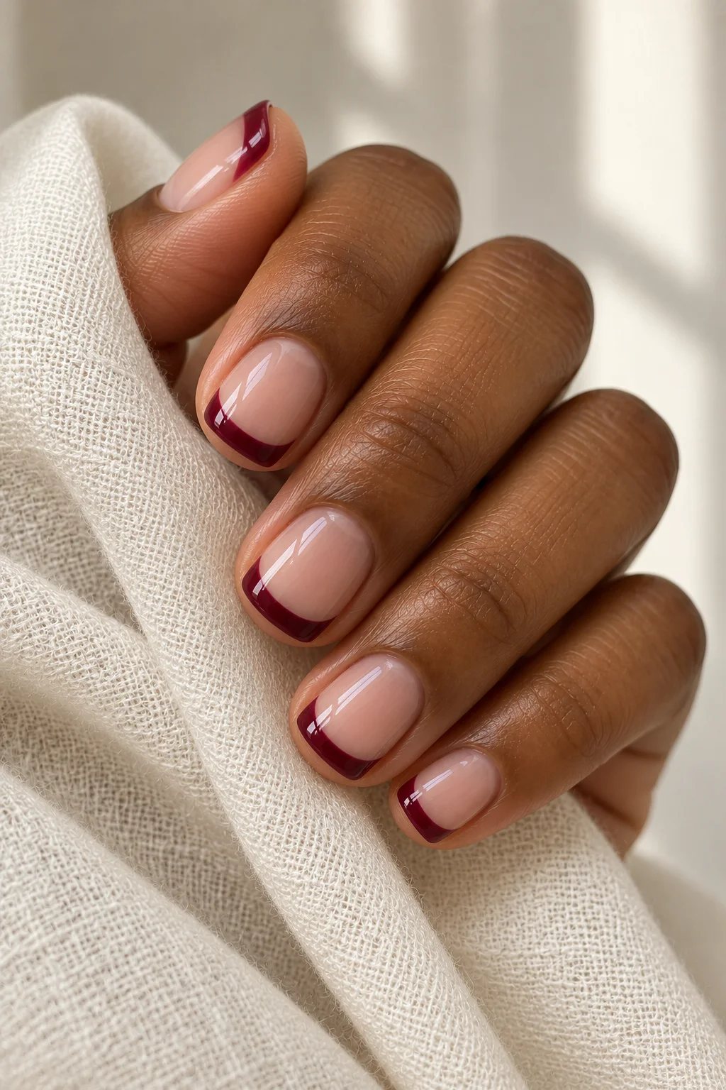 Burgundy French tips on a hand gently holding ivory linen.