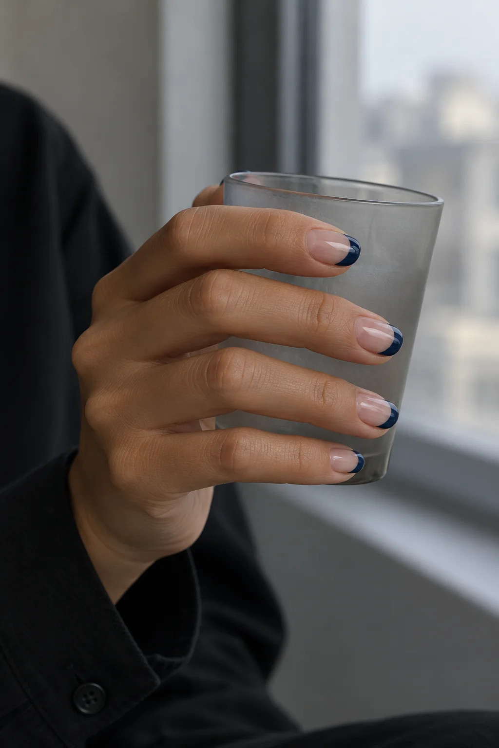 Navy-blue French tips around a frosted grey glass with a black cotton cuff.