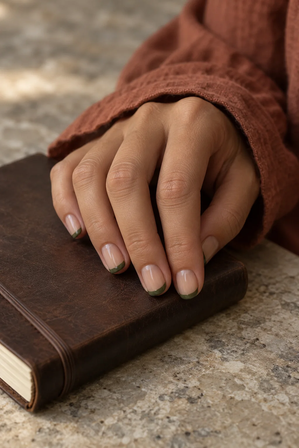 Olive-green French tips resting gently on a brown notebook below a rust linen sleeve.