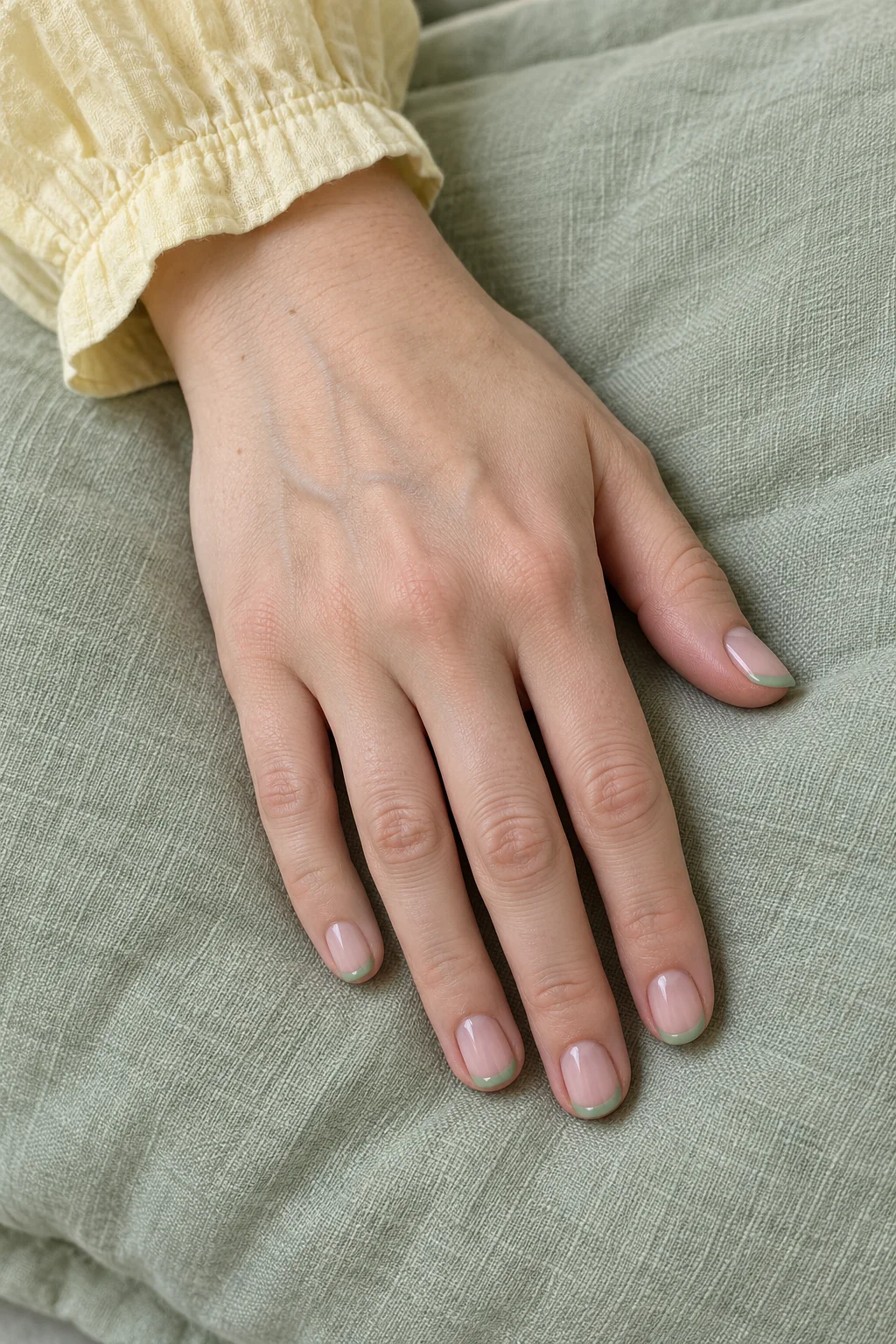 Five short nails with pale sage-green French tips on a relaxed hand resting on sage linen beside a pale yellow cuff.