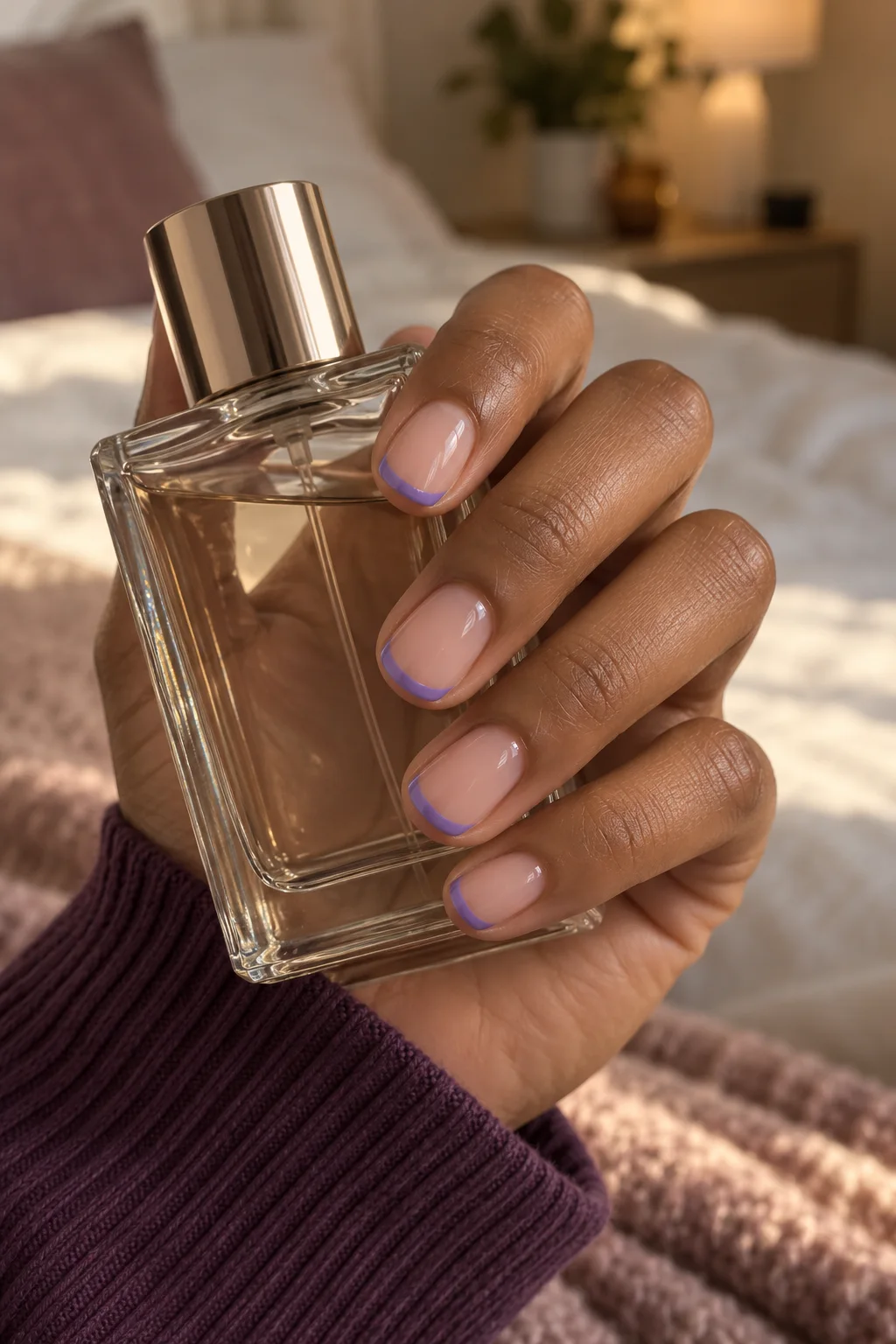 Lavender French tips around a plain glass perfume bottle with a plum sleeve.