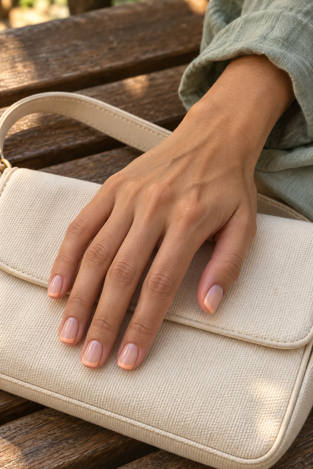 Peach French tips on a relaxed hand resting on a cream canvas handbag beside a sage sleeve.