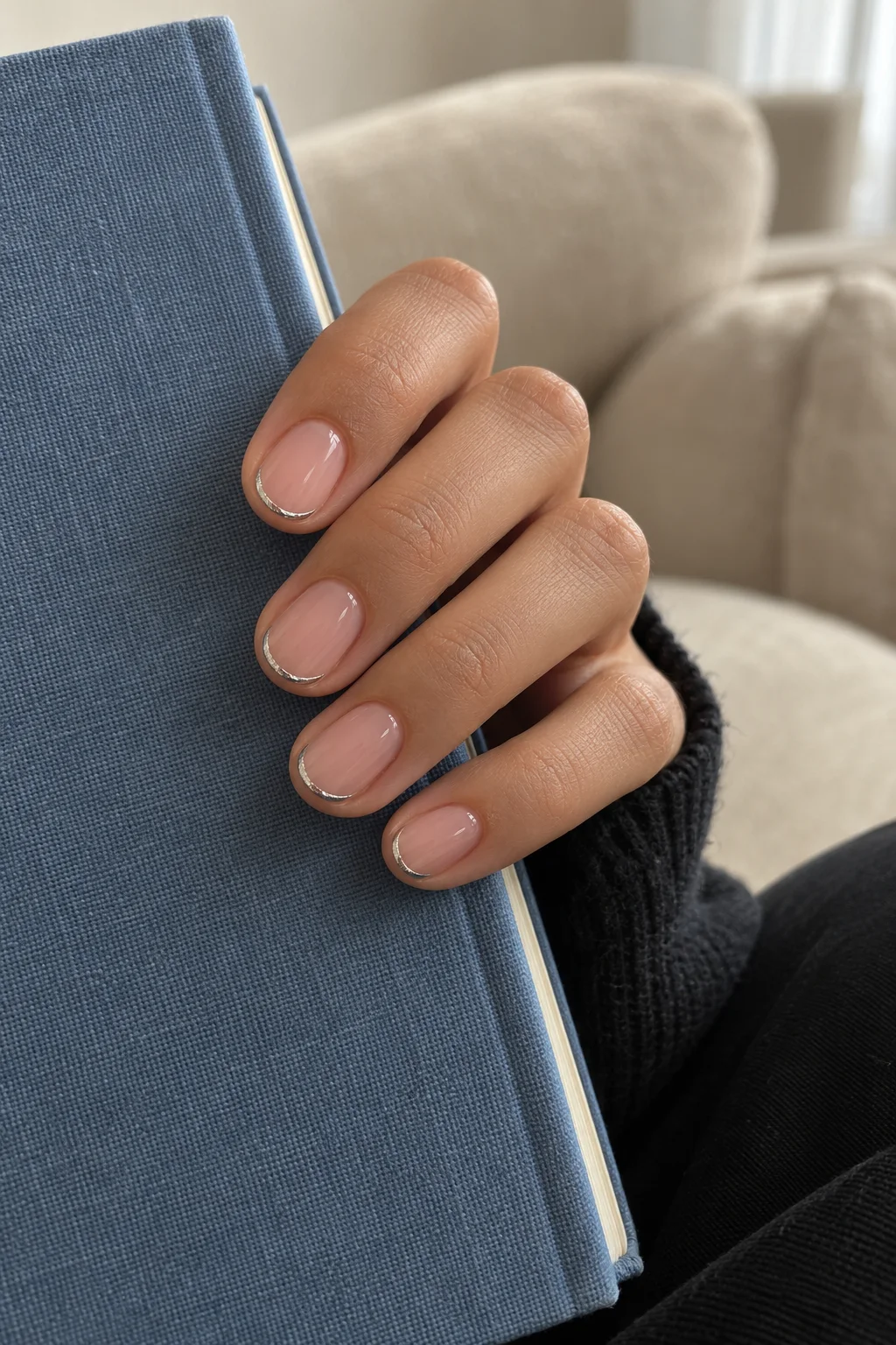 Fine silver French edges on a hand holding a blue notebook with a black sleeve.