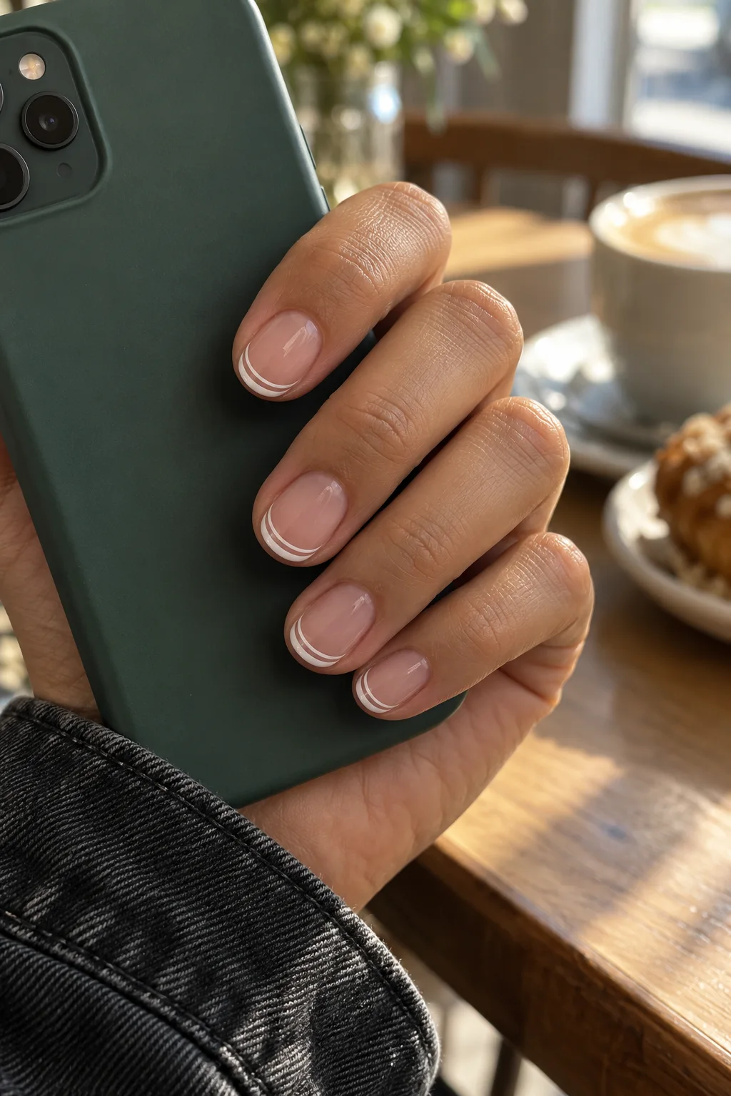 Two parallel white tip lines on short nails holding a dark-green phone above a denim cuff.