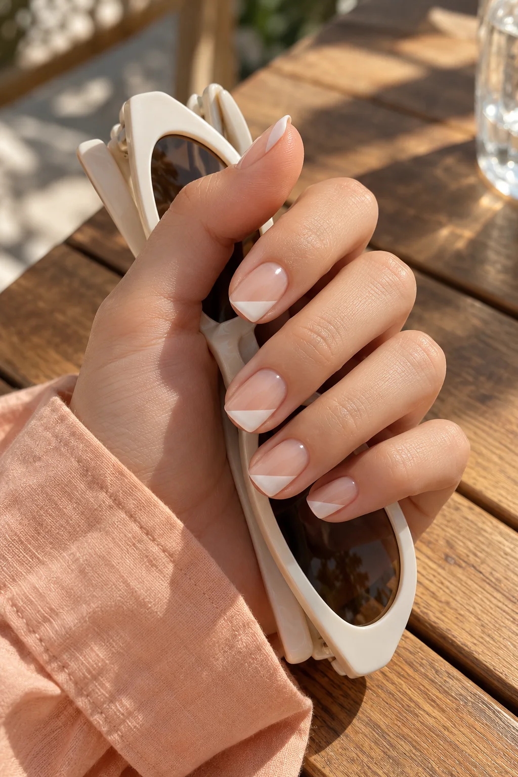 Angled white French tips on short nails holding white sunglasses with a peach cuff.