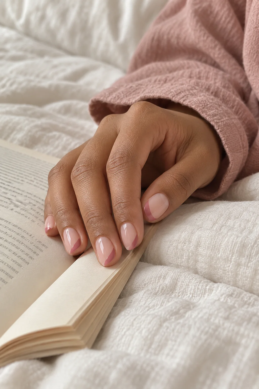 Dusty-pink side-sweep French tips on a relaxed hand along an open book.