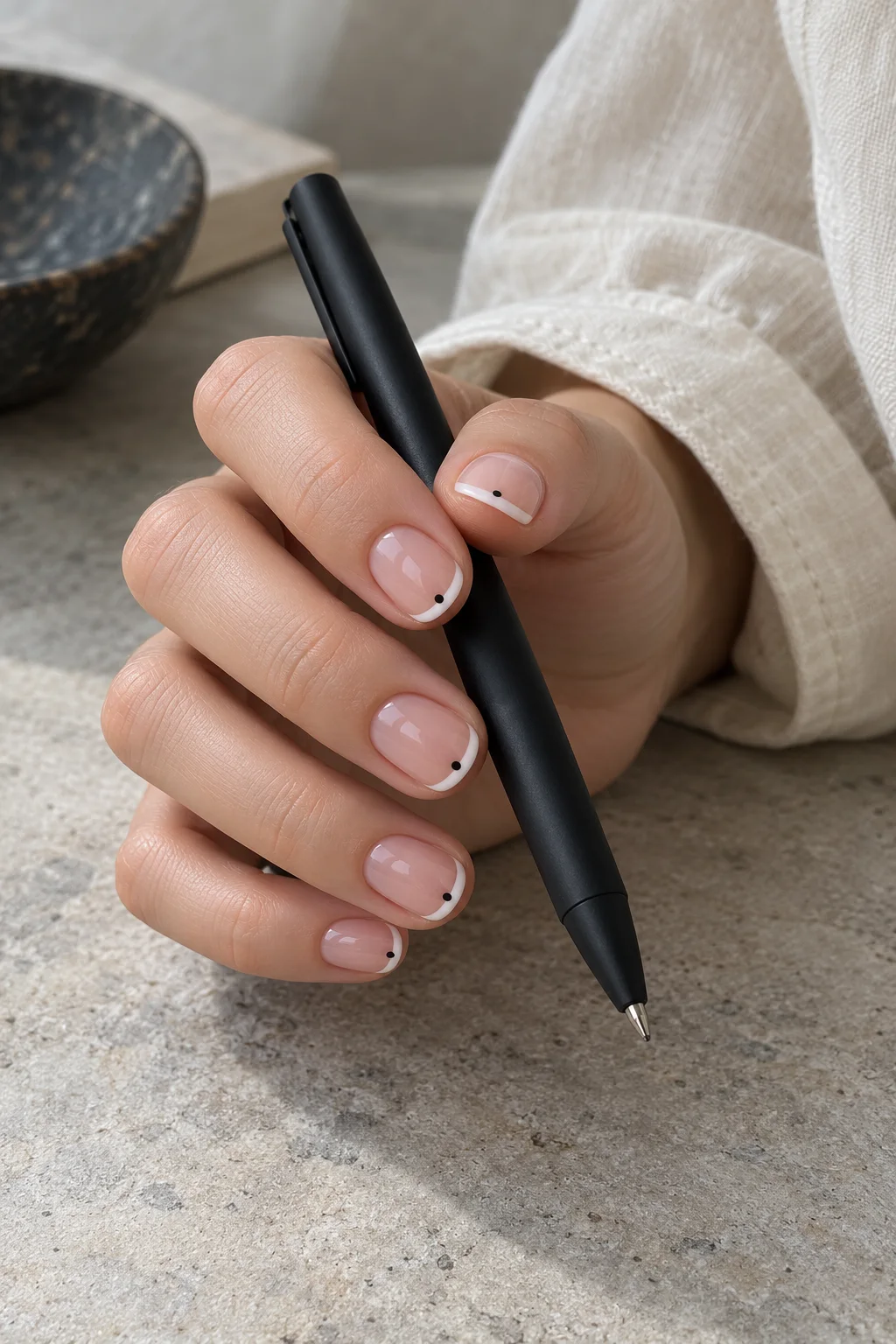 White French tips with a tiny black dot below each edge on a hand holding a black pen.