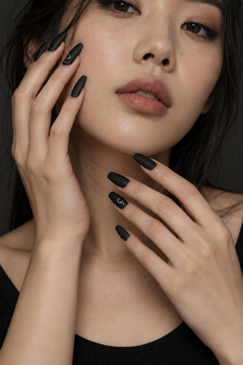 An adult woman framing her cheek and jaw with both hands, showing matte-black tapered squared-tip nails and small silver crescent accents.