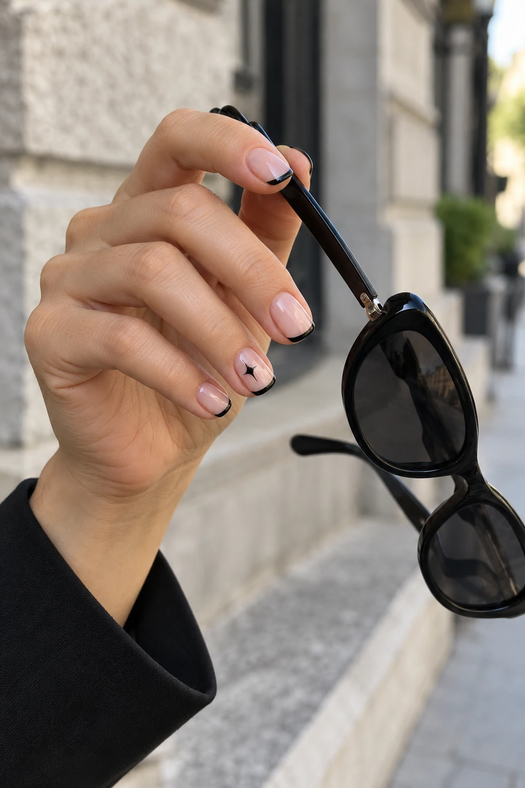 Short squoval black micro-French nails with a tiny star, shown in a natural pinch grip holding the arm of black sunglasses.