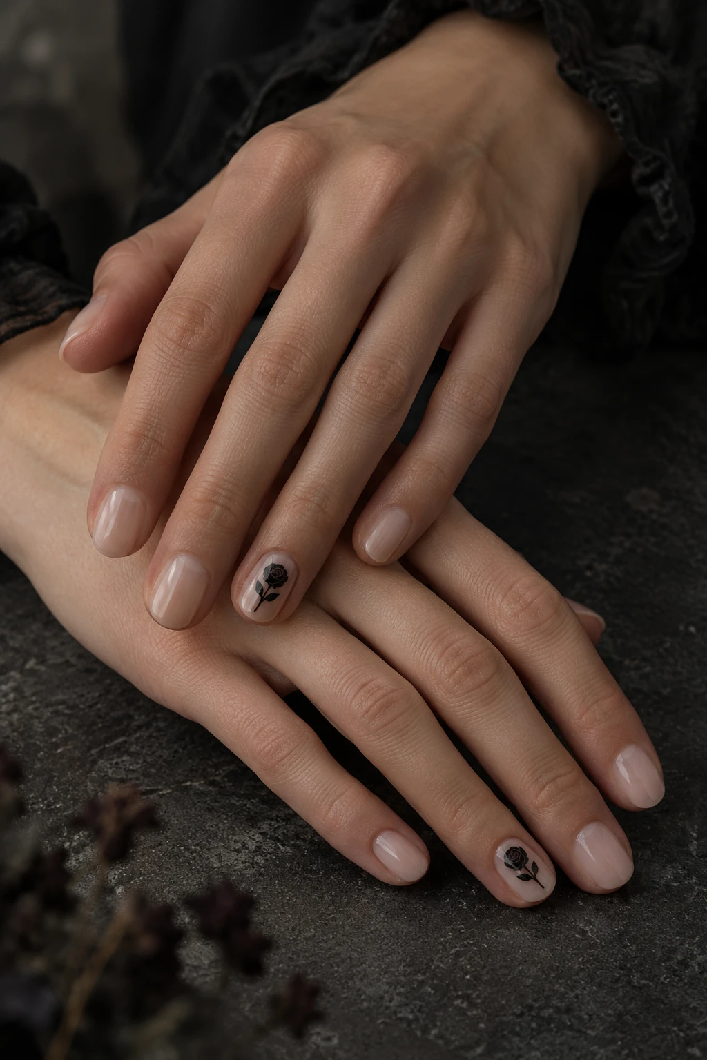 Original tiny black roses nail inspiration. Small black rose motifs stand out against a sheer neutral base. The short outline keeps the floral reference delicate.