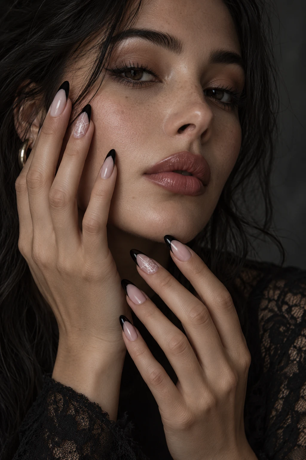 Original fine spiderweb french nail inspiration. A fine white web sits over a sheer accent beside black French tips. Compare the narrow lines and negative space together.