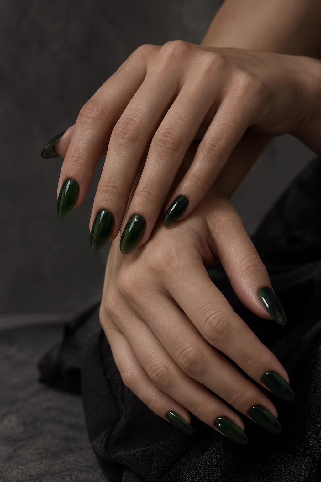 Original forest-black jelly nail inspiration. Dark green shows through the glossy translucent finish, with tiny silver-colored accents. Look at thin edges to see the green tone.