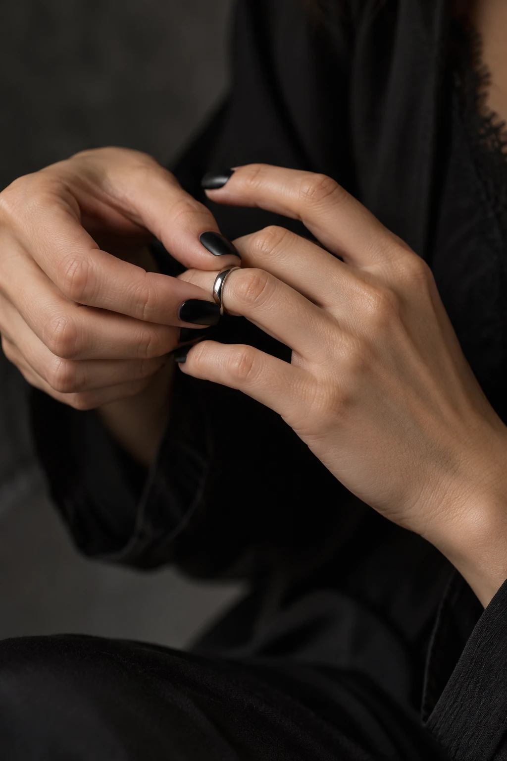 Original black satin square nail inspiration. A short black set with a quiet satin surface and clean squared outline. The simple finish leaves the shape easy to read.