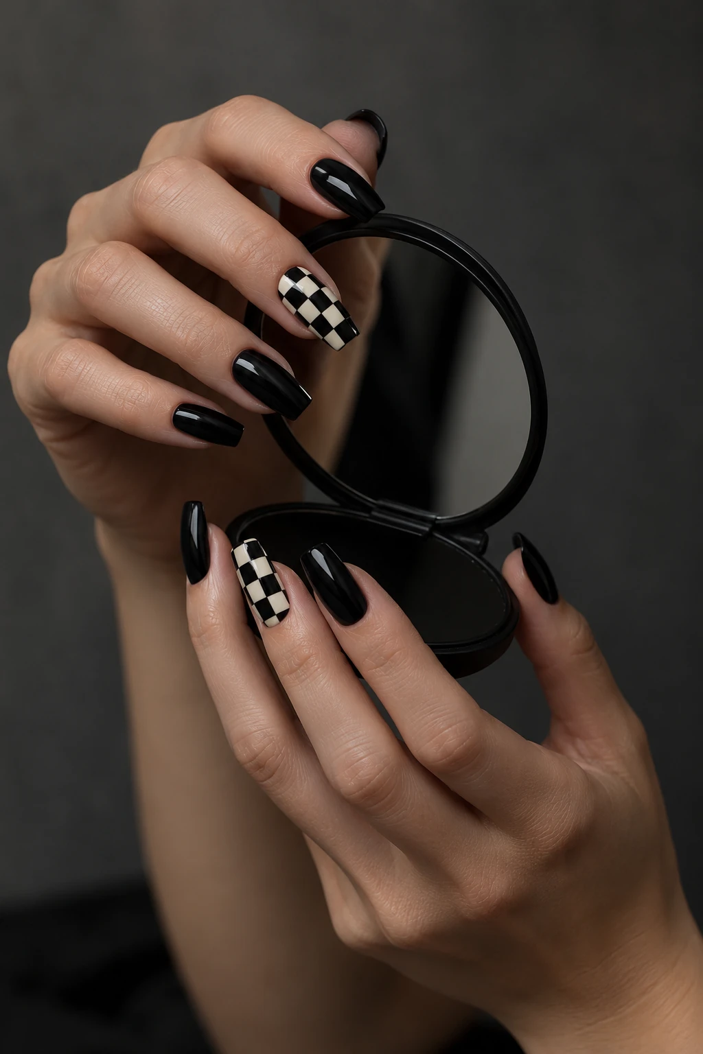 Original black-and-ivory checker nail inspiration. Graphic ivory-and-black checks alternate with plain glossy black. The pattern and straight tip give this set a sharper character.