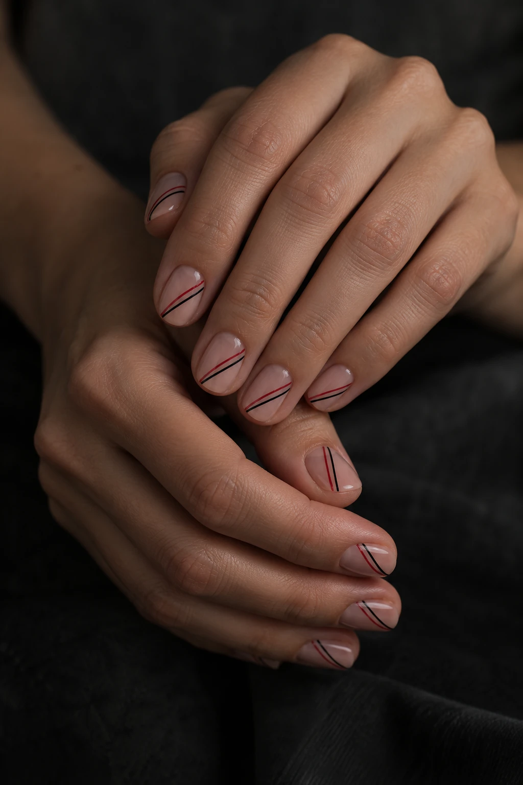 Original fine crimson lines nail inspiration. Thin red and black lines cross a sheer short base. This is a restrained graphic option within the broader dark edit.