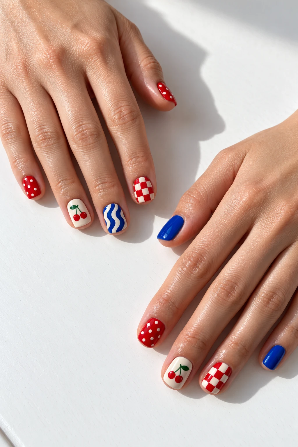 Two hands with short square nails mixing red dots, painted cherries, red and ivory checks, blue waves and solid cobalt.