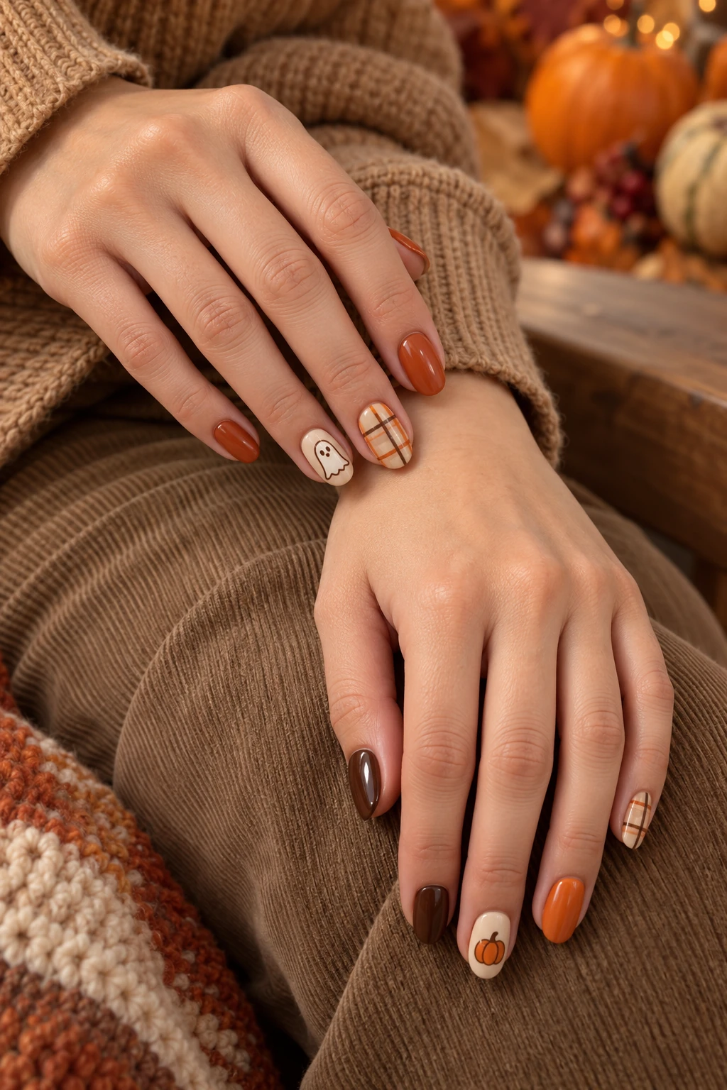 Two hands resting diagonally on a lap, showing rust, chocolate, cream plaid, ghost and pumpkin nail art.