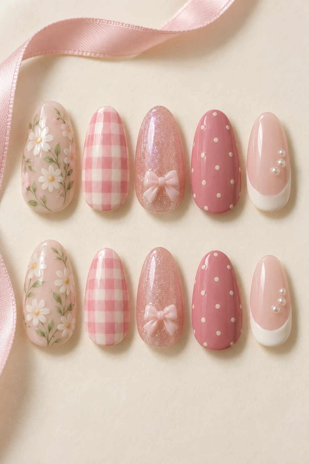 Ten detached medium almond press-on nail tips: pink bows, gingham & daisies.
