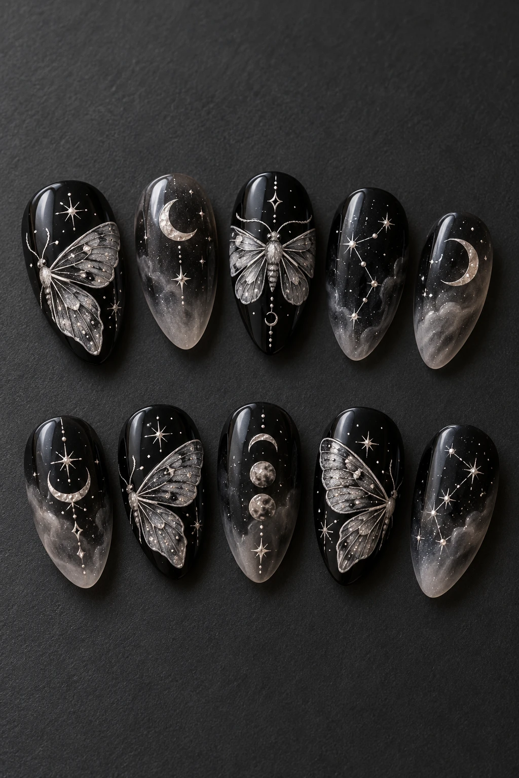 Ten detached medium almond press-on nail tips: midnight moth & moon.