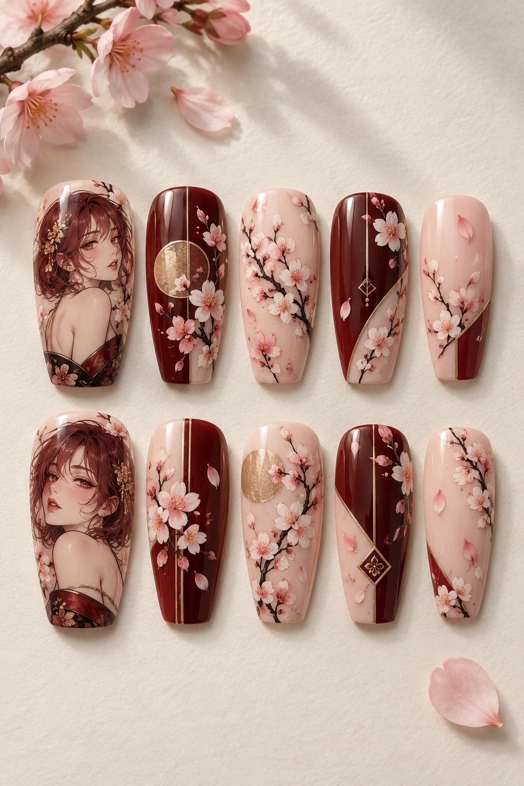 Ten detached medium coffin press-on nail tips: sakura story panels.
