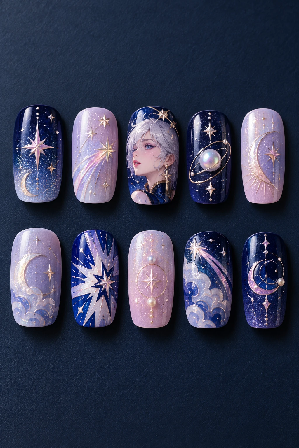 Ten detached medium square press-on nail tips: cosmic transformation.