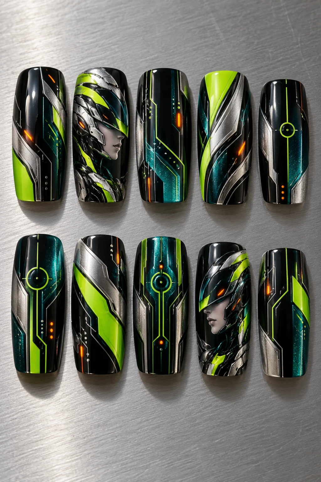 Ten detached long square press-on nail tips: neon arcade mecha.