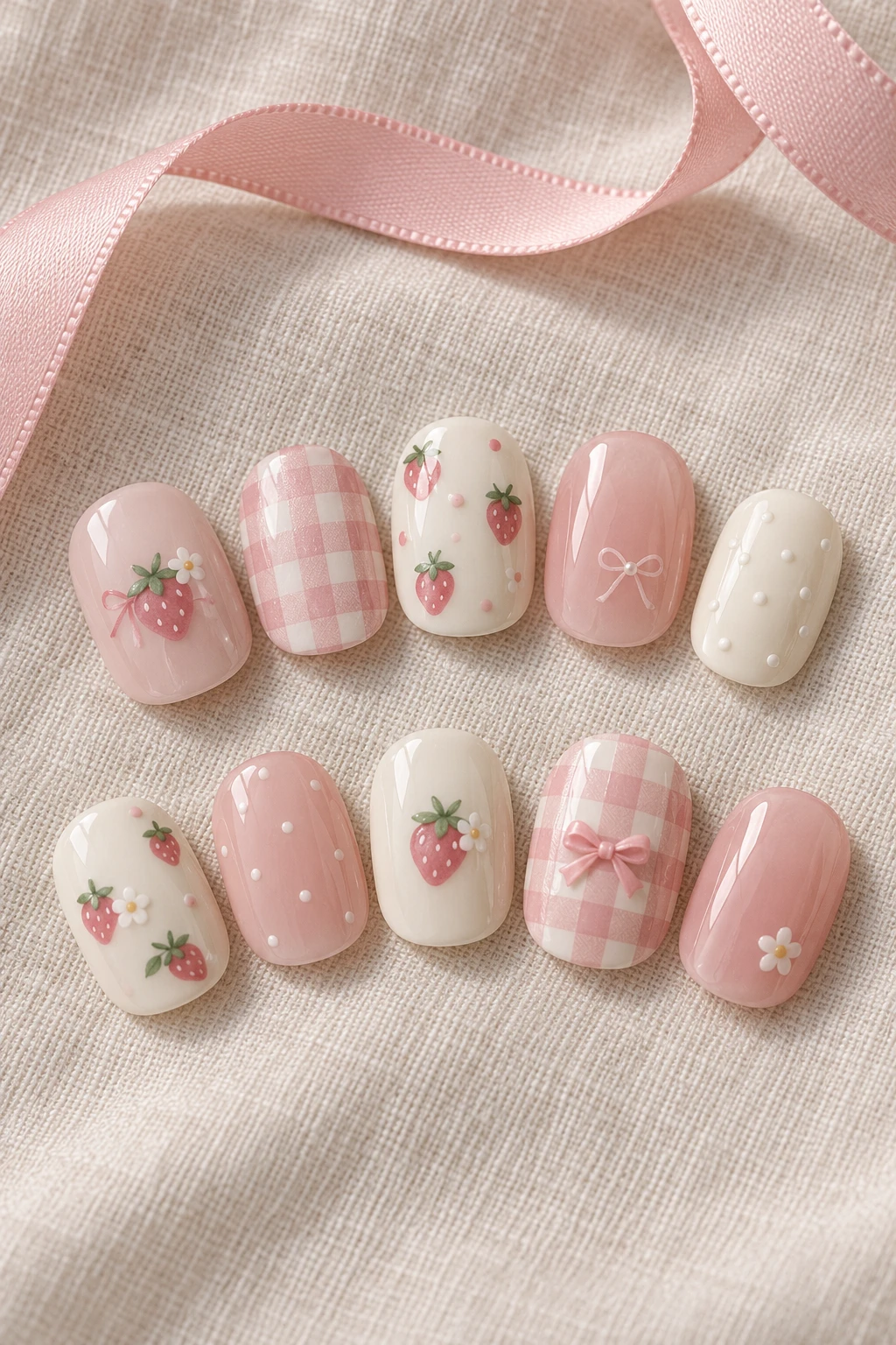 Ten detached short round press-on nail tips: strawberry milk picnic.