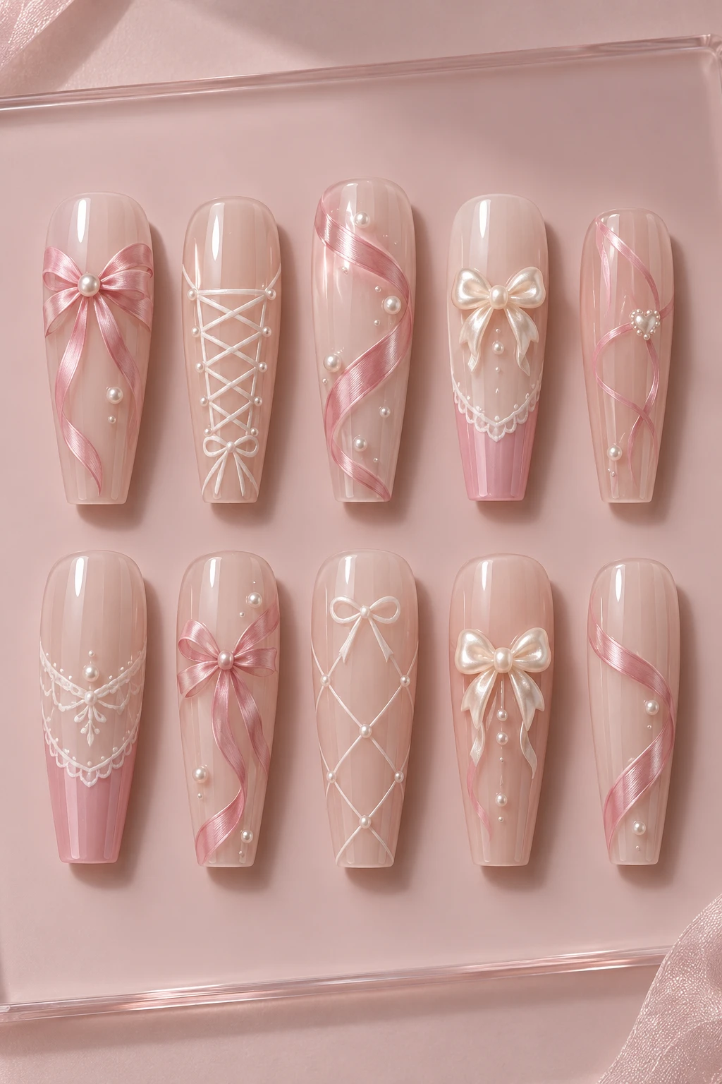 Ten detached long coffin press-on nail tips: ballet ribbon blush.