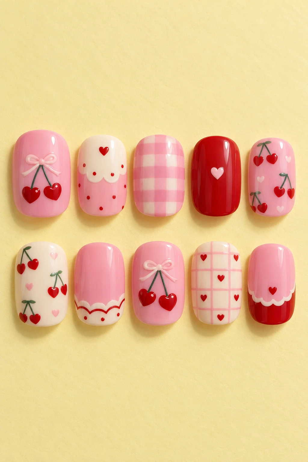 Ten detached short squoval press-on nail tips: cherry heart sweetheart.