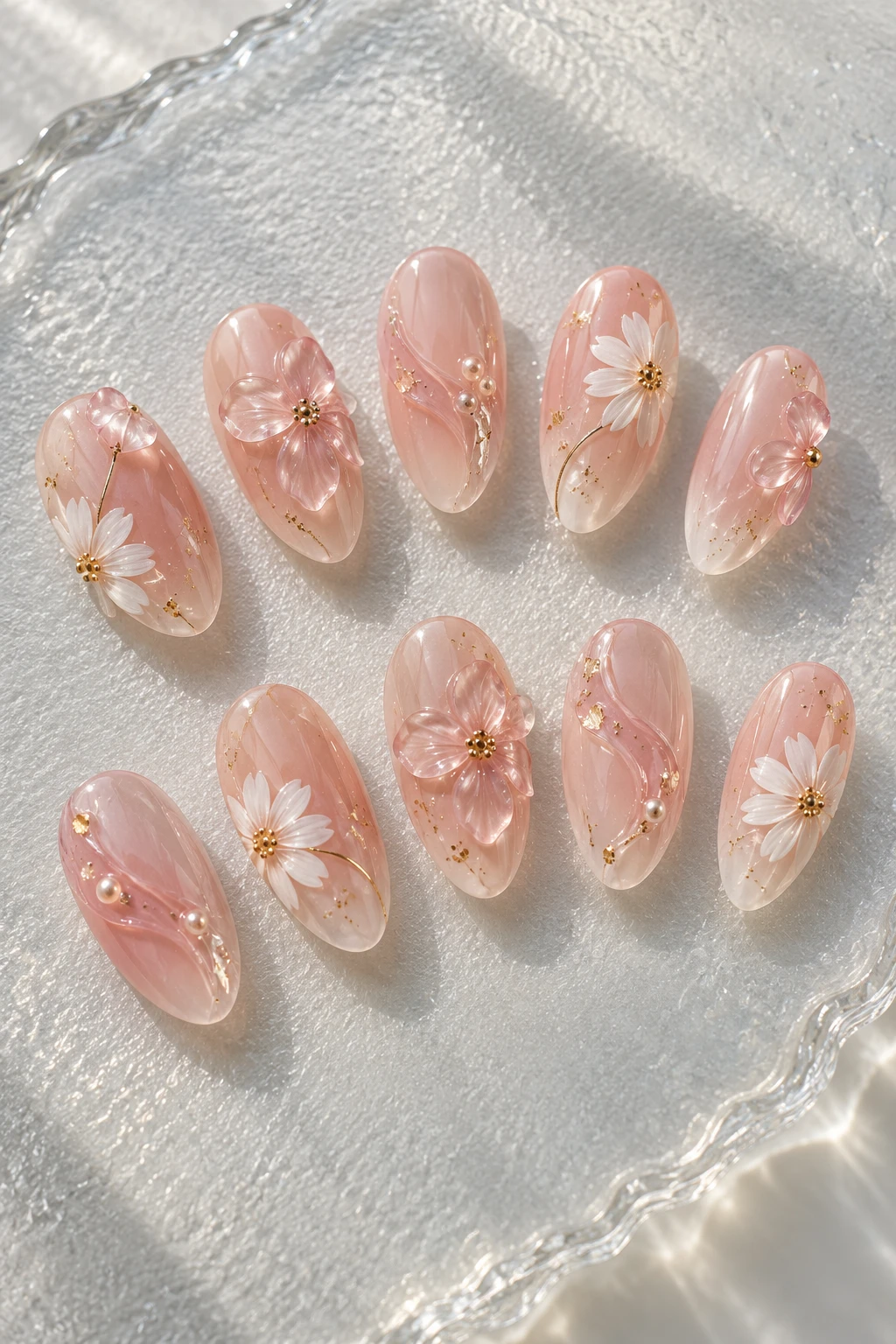Ten detached medium oval press-on nail tips: pink jelly flower garden.