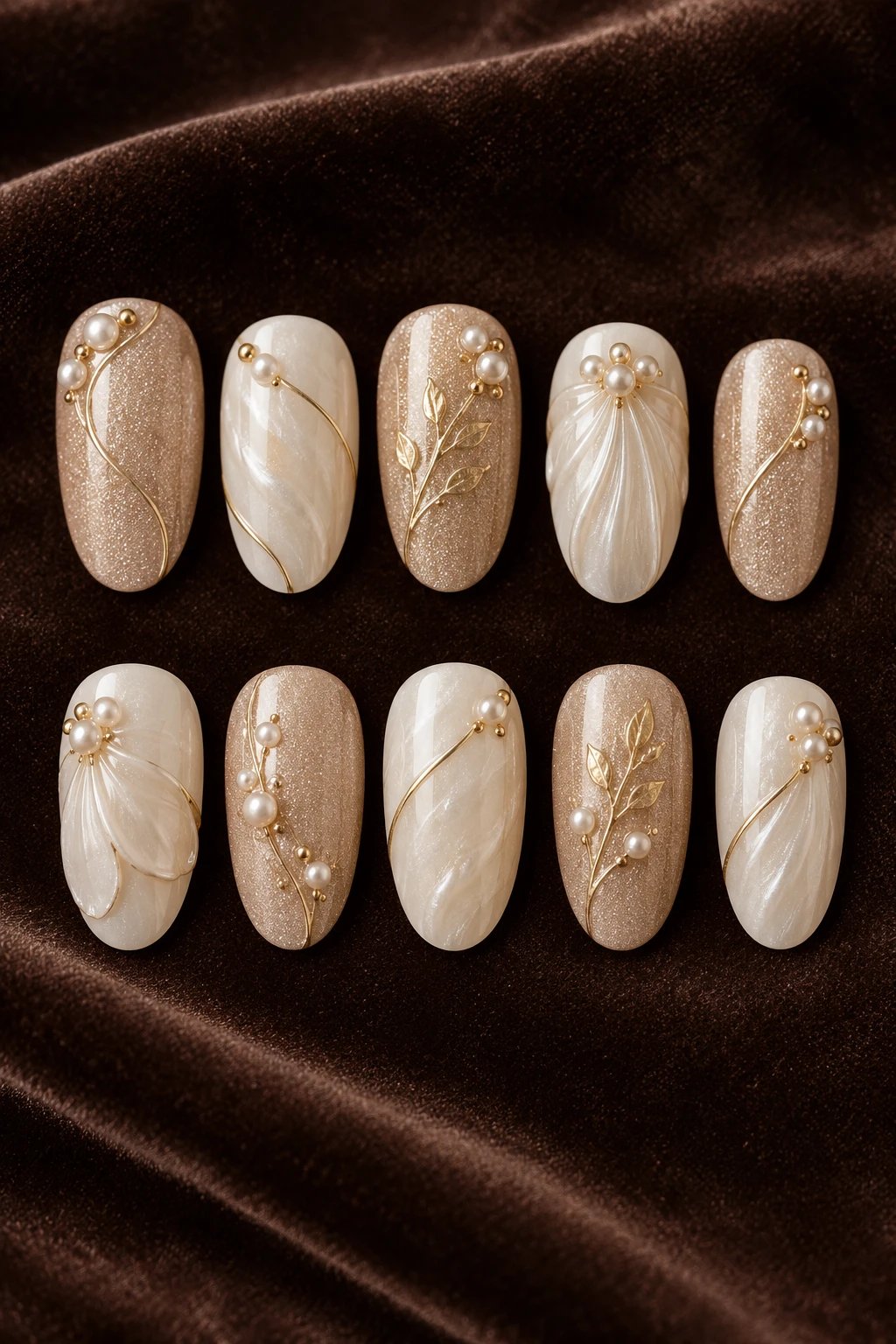 Ten detached medium oval press-on nail tips: champagne pearl filigree.