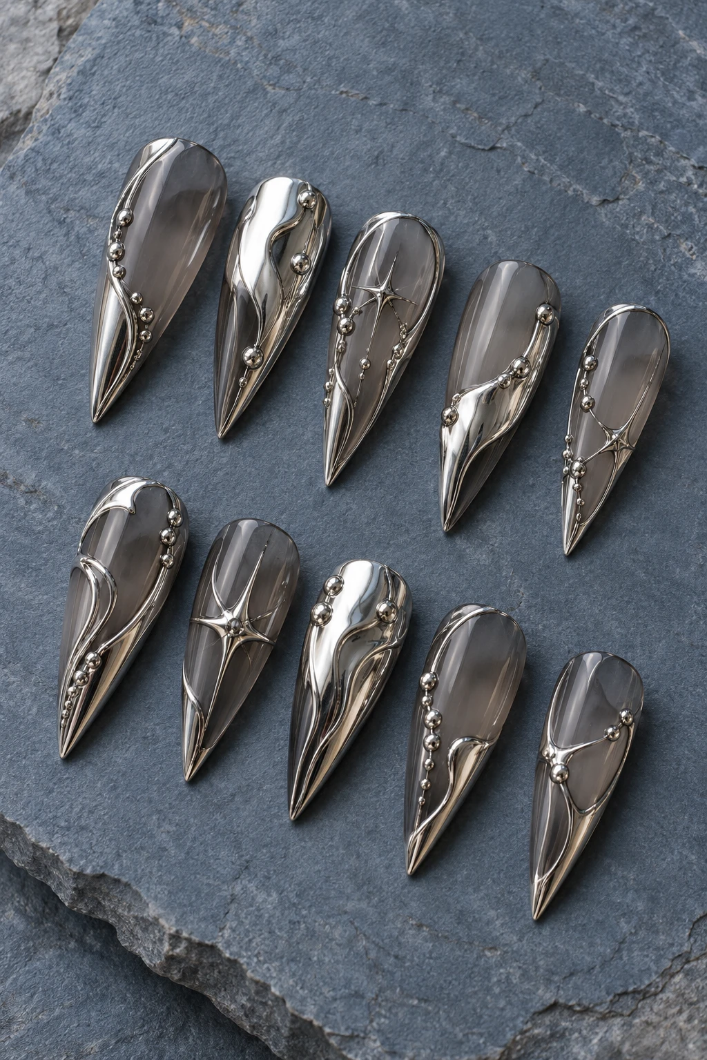 Ten detached long stiletto press-on nail tips: liquid silver armor.