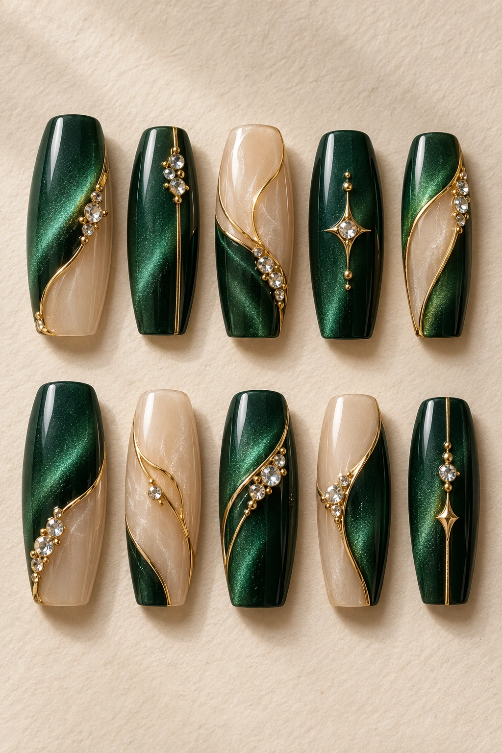 Ten detached long coffin press-on nail tips: emerald evening jewels.