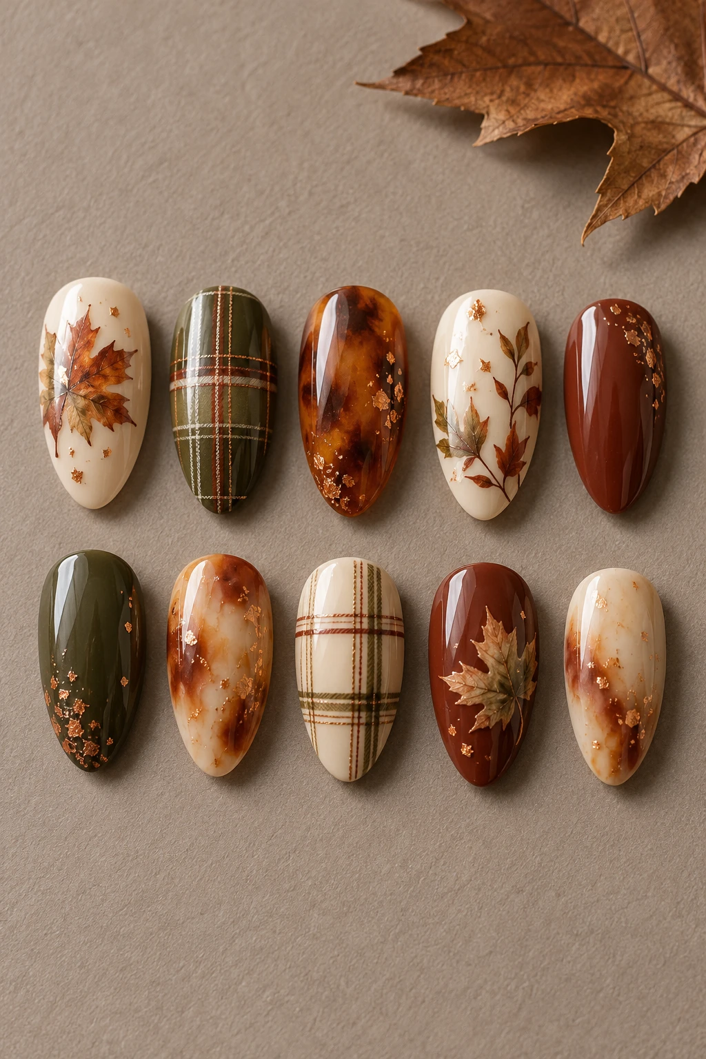 Ten detached medium almond press-on nail tips: autumn tartan & maple.